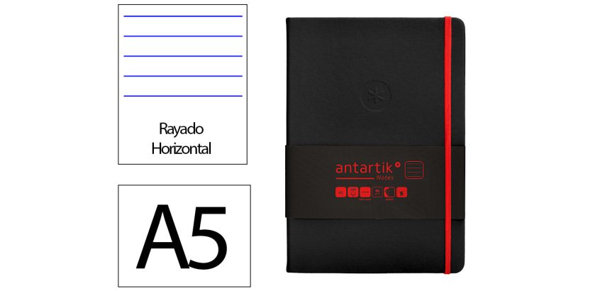 Cuaderno con gomilla Antartik notes tapa dura A5 hojas rayas negro y rojo 100 hojas 80 g