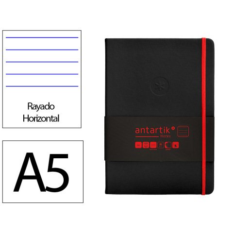 Cuaderno con gomilla Antartik notes tapa dura A5 hojas rayas negro y rojo 100 hojas 80 g