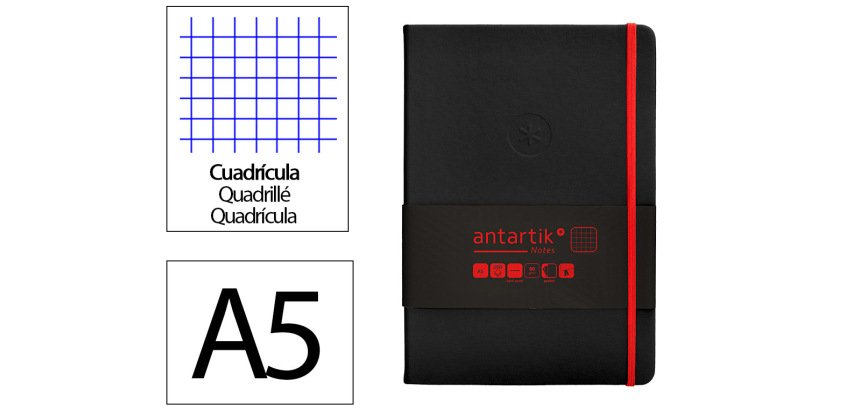 Cuaderno con gomilla Antartik notes tapa dura A5 hojas cuadricula negro y rojo 100 hojas 80 g