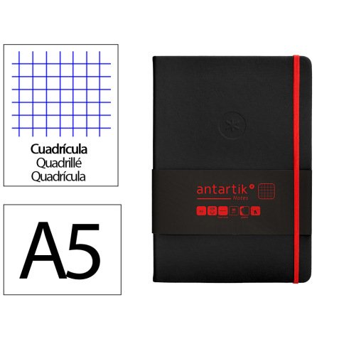 Cuaderno con gomilla antartik notes tapa dura a5 hojas cuadricula negro y rojo 100 hojas 80 gr fsc