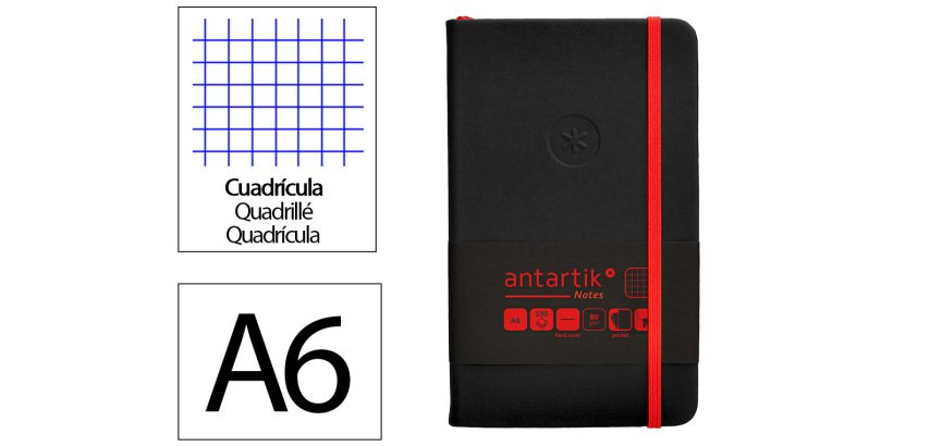 Cuaderno con gomilla antartik notes tapa dura A6 hojas cuadricula negro y rojo 100 hojas 80 g