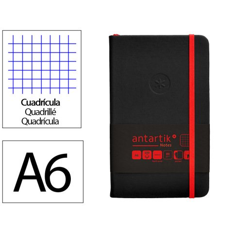 Cuaderno con gomilla antartik notes tapa dura A6 hojas cuadricula negro y rojo 100 hojas 80 g