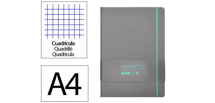 Cuaderno con gomilla Antartik notes tapa dura A4 hojas cuadricula gris y turquesa 100 hojas 80 g