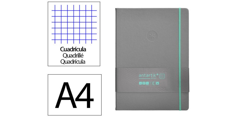 Cuaderno con gomilla Antartik notes tapa dura A4 hojas cuadricula gris y turquesa 100 hojas 80 g