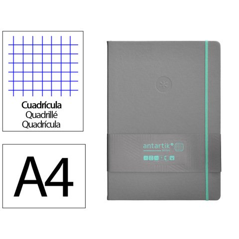 Cuaderno con gomilla Antartik notes tapa dura A4 hojas cuadricula gris y turquesa 100 hojas 80 g