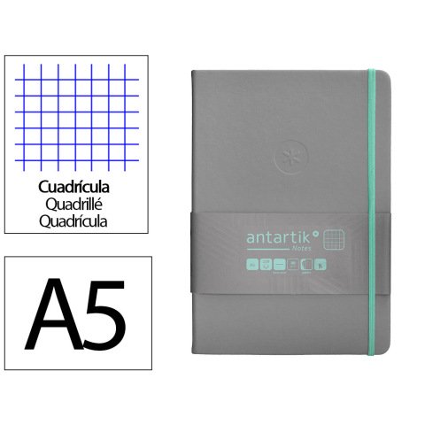 Cuaderno con gomilla Antartik notes tapa dura A5 hojas cuadricula gris y turquesa 100 hojas 80 g
