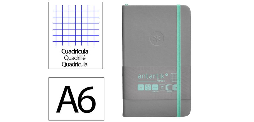 Cuaderno con gomilla antartik notes tapa dura a6 hojas cuadricula gris y turquesa 100 hojas 80 gr