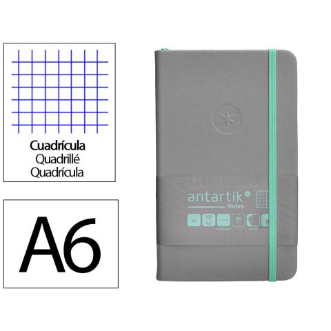 Cuaderno con gomilla antartik notes tapa dura a6 hojas cuadricula gris y turquesa 100 hojas 80 gr