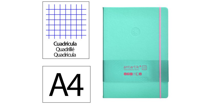 Cuaderno con gomilla Antartik notes tapa dura A4 hojas cuadricula rosa y turquesa 100 hojas 80 g