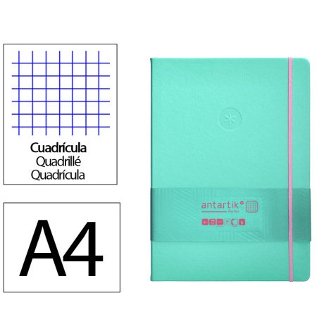 Cuaderno con gomilla antartik notes tapa dura a4 hojas cuadricula rosa y turquesa 100 hojas 80 gr fsc