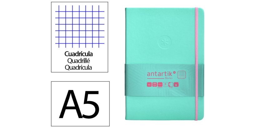 Cuaderno con gomilla Antartik notes tapa dura A5 hojas cuadricula rosa y turquesa 100 hojas 80 g