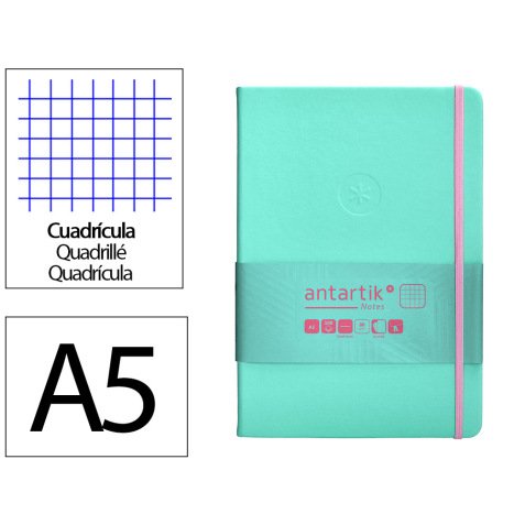 Cuaderno con gomilla antartik notes tapa dura a5 hojas cuadricula rosa y turquesa 100 hojas 80 gr fsc