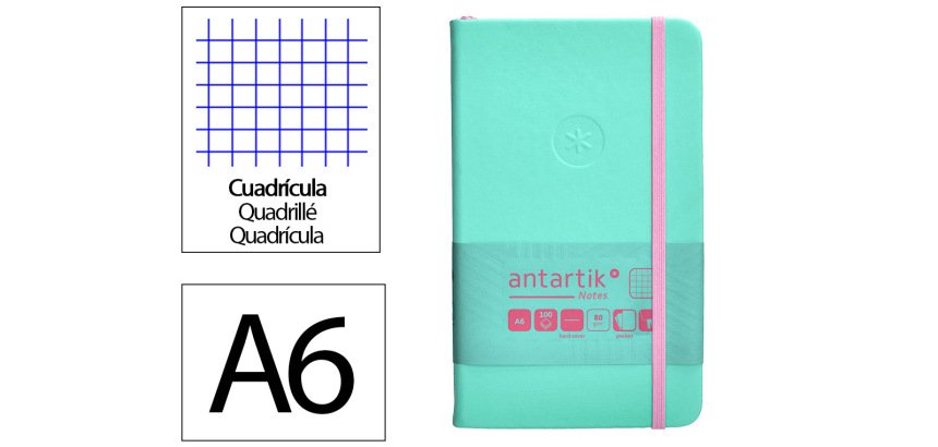 Cuaderno con gomilla Antartik notes tapa dura A6 hojas cuadricula rosa y turquesa 100 hojas 80 g