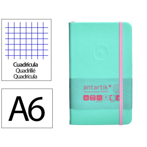 Cuaderno con gomilla Antartik notes tapa dura A6 hojas cuadricula rosa y turquesa 100 hojas 80 g