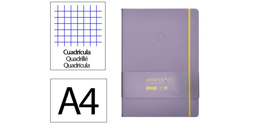 Cuaderno con gomilla antartik notes tapa dura A4 hojas cuadricula morado y amarillo 100 hojas 80 g