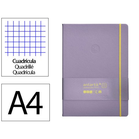 Cuaderno con gomilla antartik notes tapa dura A4 hojas cuadricula morado y amarillo 100 hojas 80 g