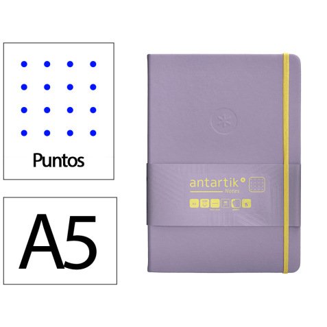 Cuaderno con gomilla antartik notes tapa dura a5 hojas puntos morado y amarillo 100 hojas 80 gr fsc