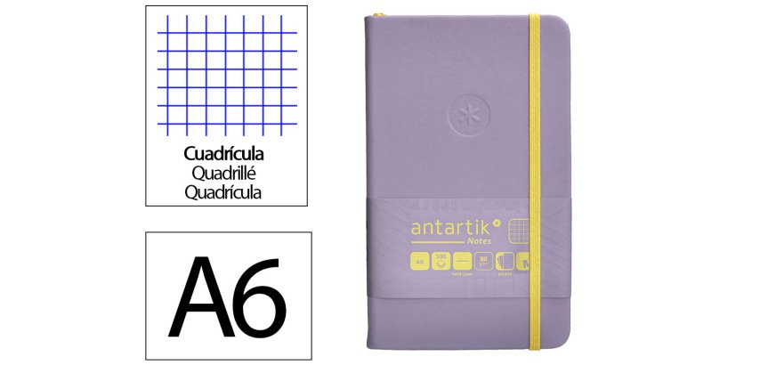 Cuaderno con gomilla antartik notes tapa dura a6 hojas cuadricula morado y amarillo 100 hojas 80 gr