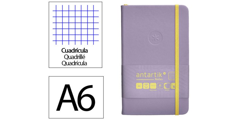Cuaderno con gomilla antartik notes tapa dura a6 hojas cuadricula morado y amarillo 100 hojas 80 gr
