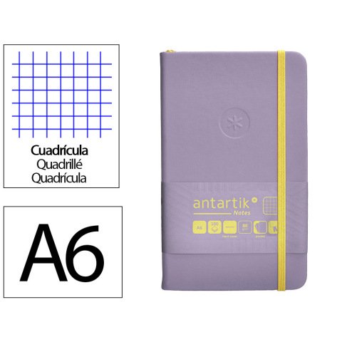 Cuaderno con gomilla antartik notes tapa dura a6 hojas cuadricula morado y amarillo 100 hojas 80 gr