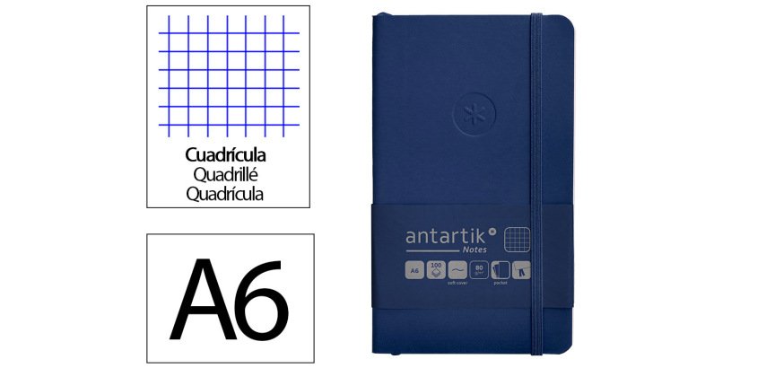 Cuaderno con gomilla Antartik notes tapa blanda A6 cuadricula azul marino 100 hojas 80 g