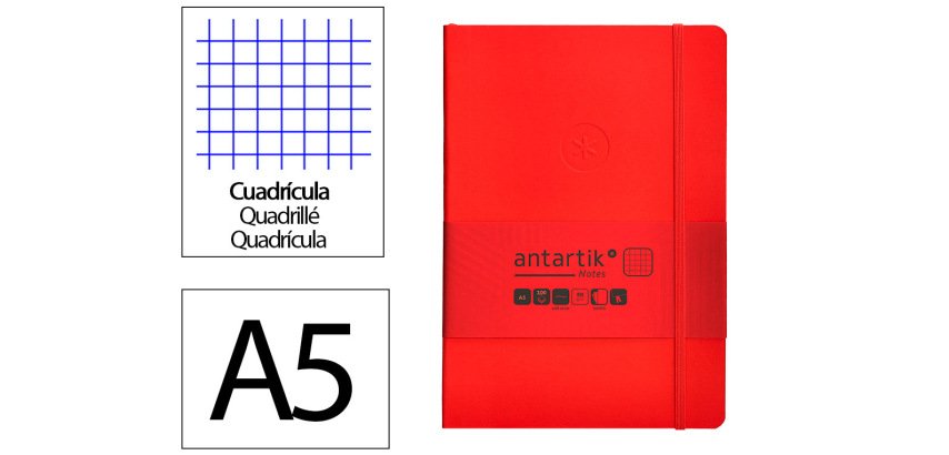 Cuaderno con gomilla Antartik notes tapa blanda A5 hojas cuadricula rojo 80 hojas 80 g