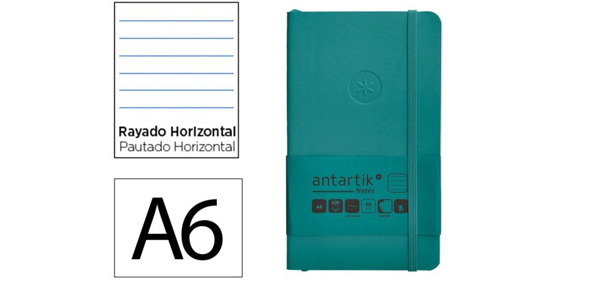 Cuaderno con gomilla Antartik notes tapa blanda A6 rayas verde aguamarina 100 hojas 80 g