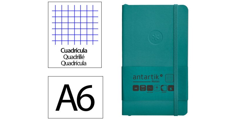 Cuaderno con gomilla Antartik notes tapa blanda A6 cuadricula verde aguamarina 100 hojas 80 g