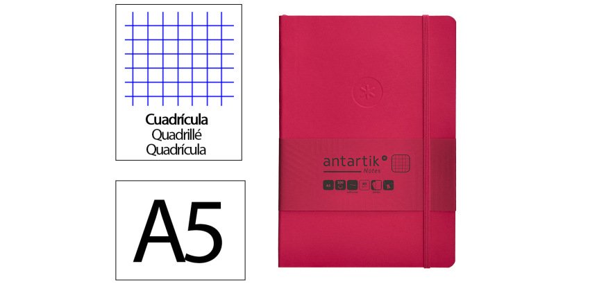Cuaderno con gomilla Antartik notes tapa blanda A5 hojas cuadricula burdeos 80 hojas 80 g