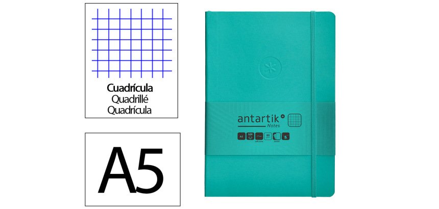 Cuaderno con gomilla Antartik notes tapa blanda A5 hojas cuadricula turquesa 80 hojas 80 g