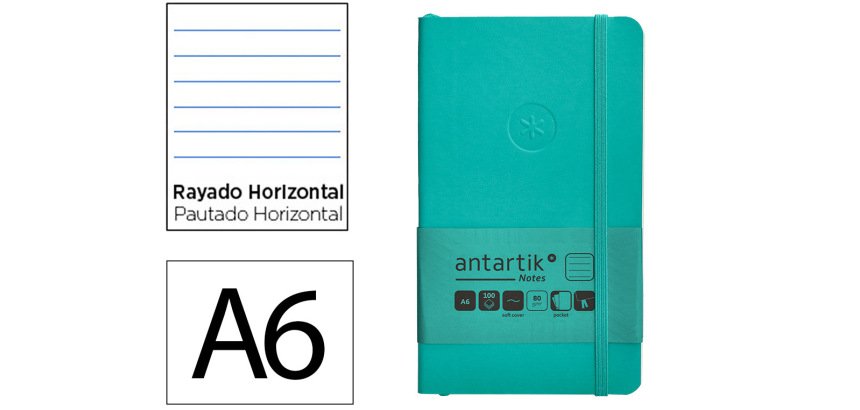 Cuaderno con gomilla Antartik notes tapa blanda A6 rayas turquesa 100 hojas 80 g