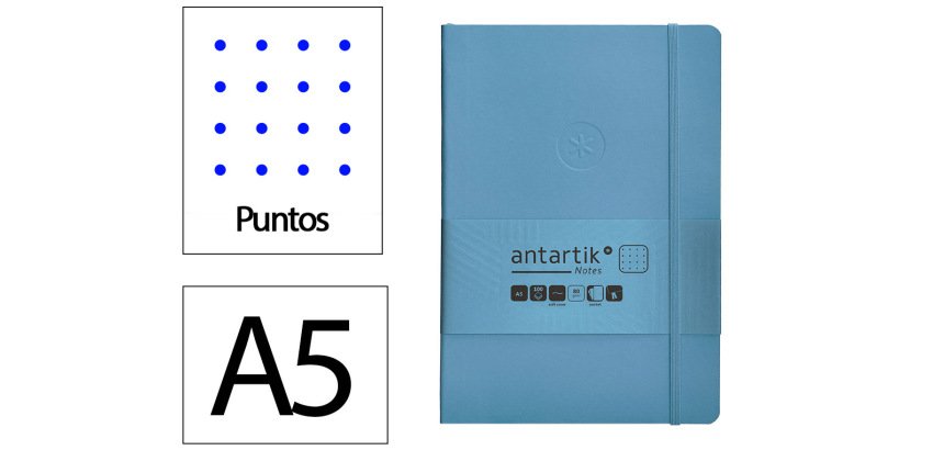 Cuaderno con gomilla Antartik notes tapa blanda A5 hojas puntos azul claro 80 hojas 80 g