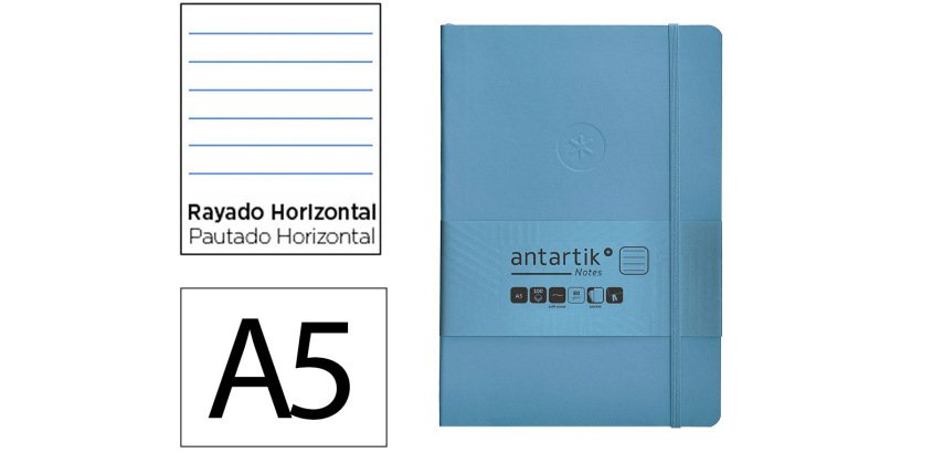 Cuaderno con gomilla Antartik notes tapa blanda A5 hojas rayas azul claro 80 hojas 80 g