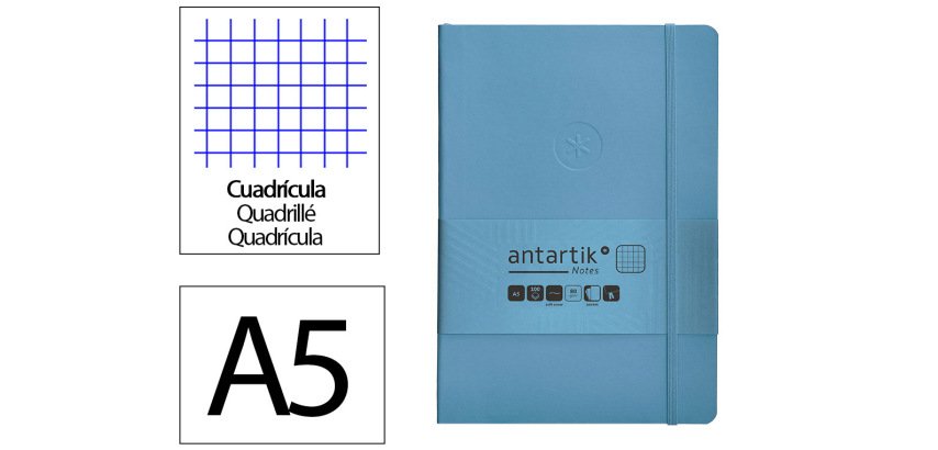 Cuaderno con gomilla Antartik notes tapa blanda A5 hojas cuadricula azul claro 80 hojas 80 g