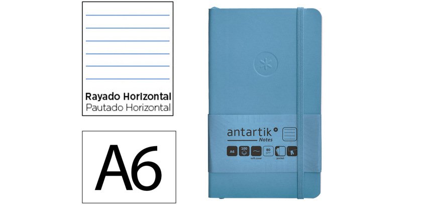 Cuaderno con gomilla Antartik notes tapa blanda A6 rayas azul claro 100 hojas 80 g