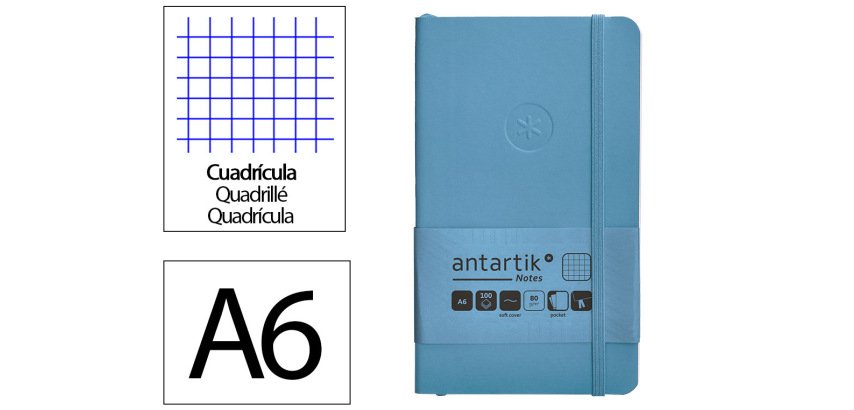 Cuaderno con gomilla Antartik notes tapa blanda A6 cuadricula azul claro 100 hojas 80 g
