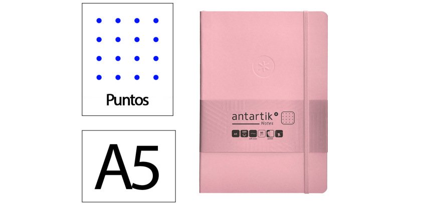 Cuaderno con gomilla Antartik notes tapa blanda A5 hojas puntos rosa pastel 80 hojas 80 g