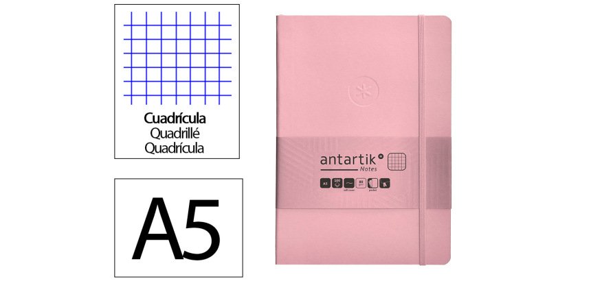 Cuaderno con gomilla Antartik notes tapa blanda A5 hojas cuadricula rosa pastel 80 hojas 80 g