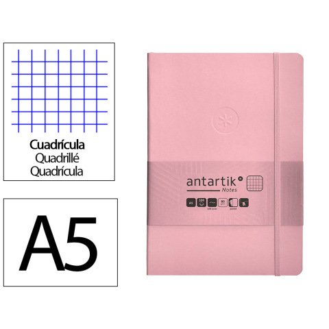 Cuaderno con gomilla Antartik notes tapa blanda A5 hojas cuadricula rosa pastel 80 hojas 80 g