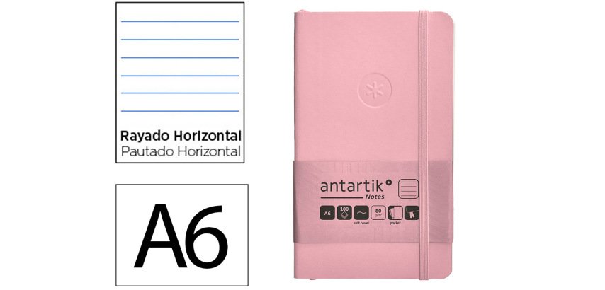Cuaderno con gomilla Antartik notes tapa blanda A6 rayas rosa pastel 100 hojas 80 g