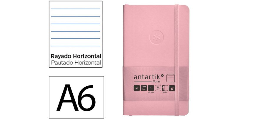 Cuaderno con gomilla Antartik notes tapa blanda A6 rayas rosa pastel 100 hojas 80 g