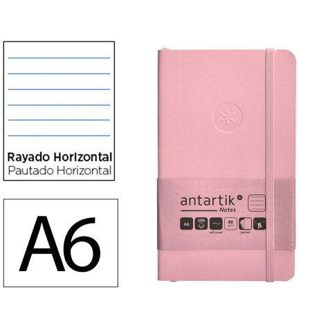 Cuaderno con gomilla antartik notes tapa blanda a6 rayas rosa pastel 100 hojas 80 gr fsc