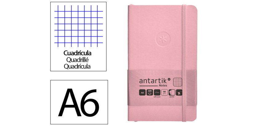 Cuaderno con gomilla Antartik notes tapa blanda A6 cuadricula rosa pastel 100 hojas 80 g
