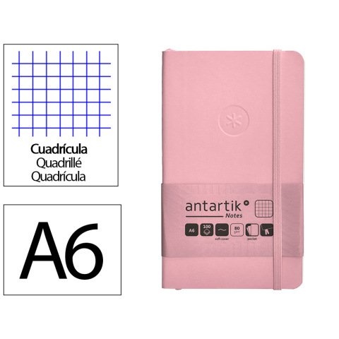 Cuaderno con gomilla Antartik notes tapa blanda A6 cuadricula rosa pastel 100 hojas 80 g