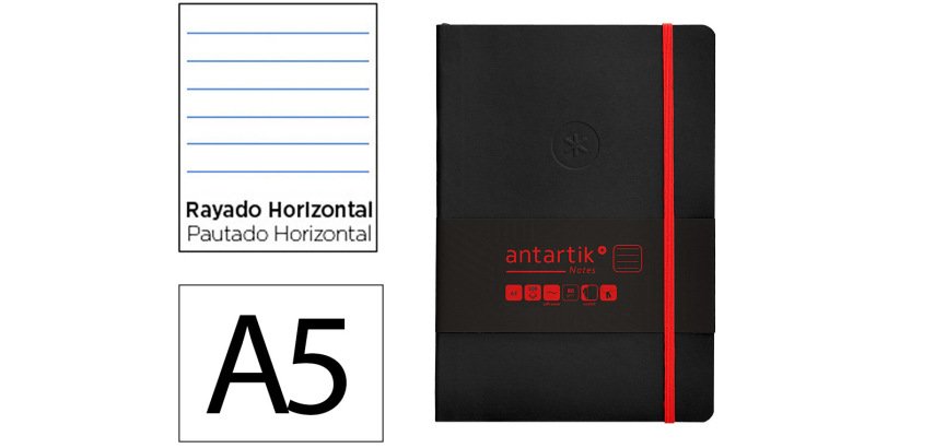 Cuaderno con gomilla Antartik notes tapa blanda A5 hojas rayas negro y rojo 80 hojas 80 g