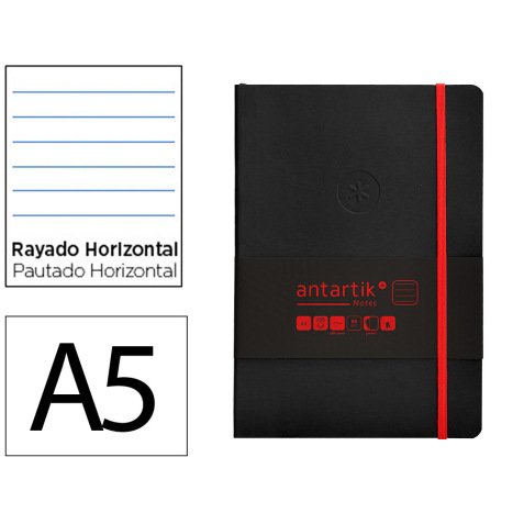 Cuaderno con gomilla antartik notes tapa blanda a5 hojas rayas negro y rojo 80 hojas 80 gr fsc