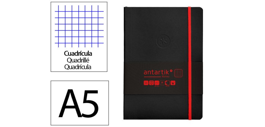 Cuaderno con gomilla Antartik notes tapa blanda A5 hojas cuadricula negro y rojo 80 hojas 80 g