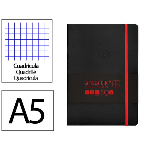 Cuaderno con gomilla Antartik notes tapa blanda A5 hojas cuadricula negro y rojo 80 hojas 80 g