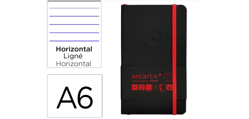 Cuaderno con gomilla Antartik notes tapa blanda A6 rayas negro y rojo 100 hojas 80 g