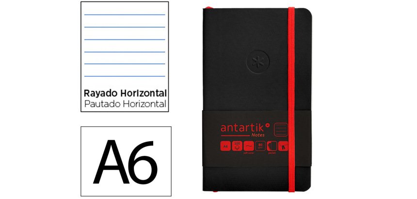Cuaderno con gomilla Antartik notes tapa blanda A6 rayas negro y rojo 100 hojas 80 g
